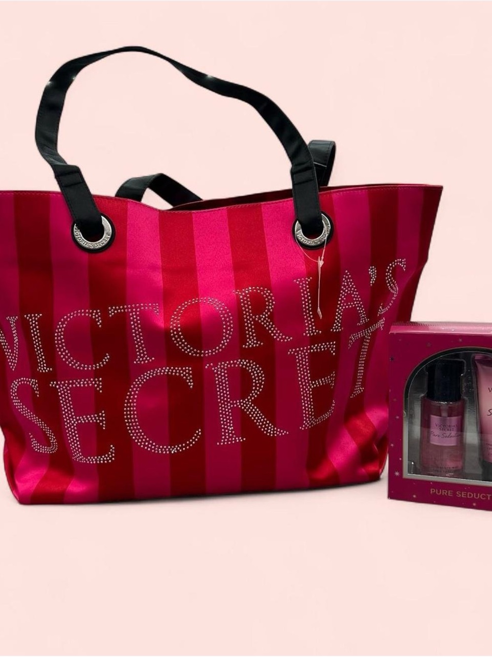 Victoria's Secret Hot Pink Striped Tote with Body Care Gift-Set
